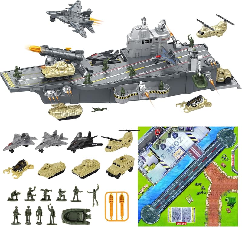 Modellflugzeugträger mit Spielzeugsoldaten und Hubschraubern für Kinder