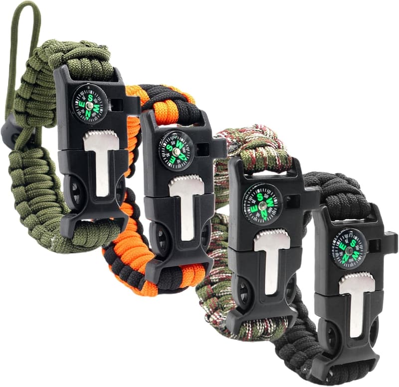 4er Set Überlebensarmband mit Feuerstein, Kompass & Pfeife für Outdoor-Aktivitäten