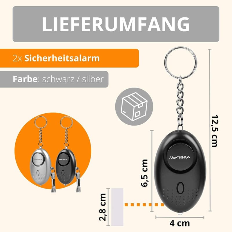 Taschenalarm-Set 2er Schwarz/Silber – 140 dB Schlüsselanhänger mit LED für Selbstverteidigung