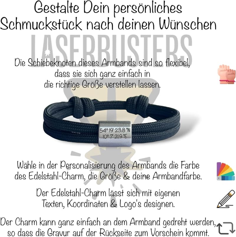 Personalisierbares Segeltau-Armband mit Edelstahl-Charm für Männer