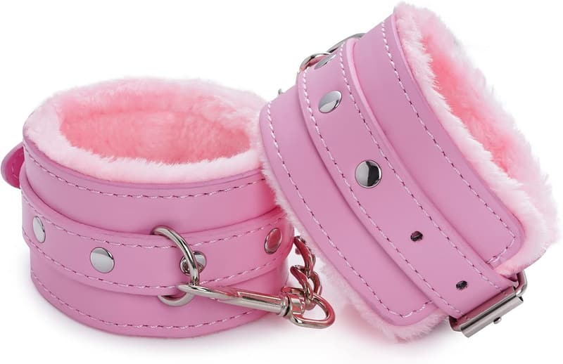 Fetisch Spielzeug: Plüsch PU Handschellen Armband in Pink