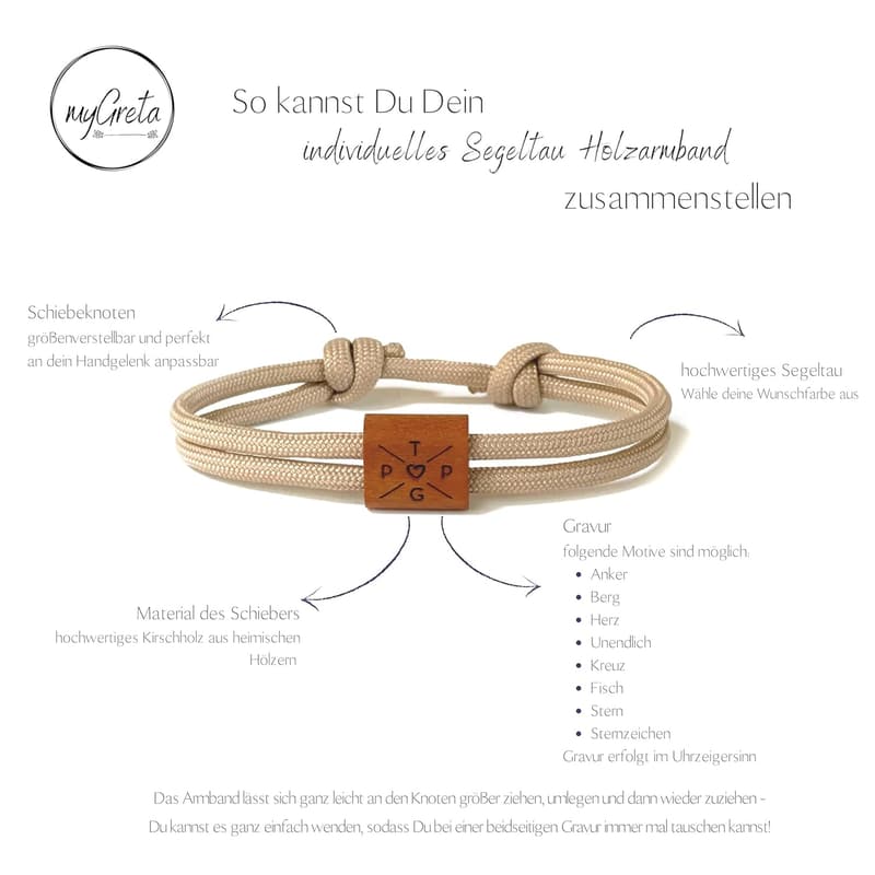 Personalisierbares Holzarmband mit Initialen und Segeltau für Paare