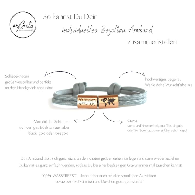 Personalisierbares Segeltau Armband mit Edelstahl Schieber für Geschwister