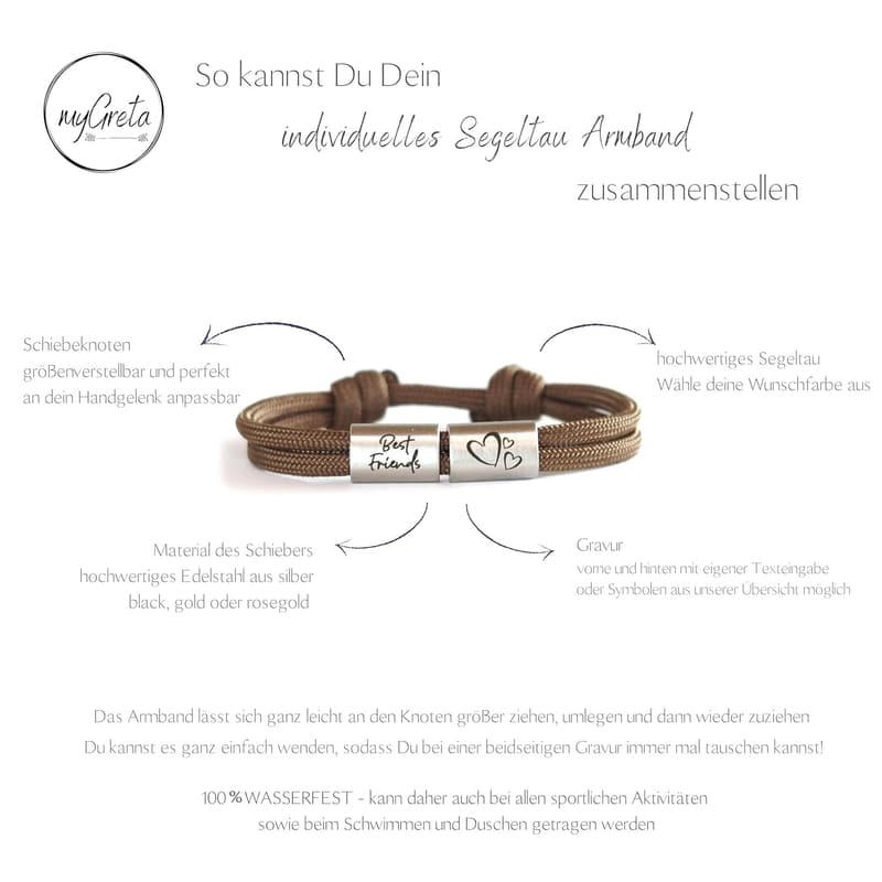 Personalisierbares Segeltauarmband mit Edelstahl-Schieber – Handgefertigtes Familienandenken