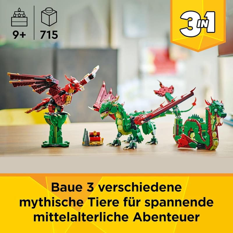 LEGO Creator 3in1 Grüner Drache - Umbaubar zu Seeschlange oder Phönix - Bauspielzeug für Kinder ab 9 Έτη
