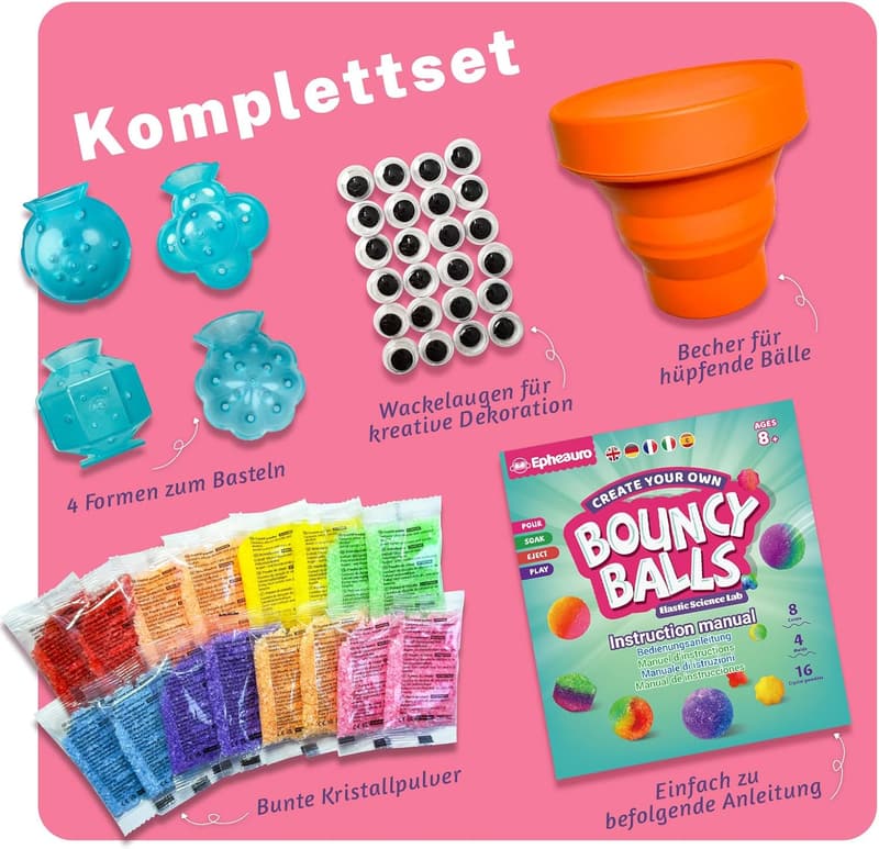 Flummi Selber Machen Set für Kinder ab 8 Jahren – Wissenschaftlicher Experimentierkasten für bis zu 20 Bälle
