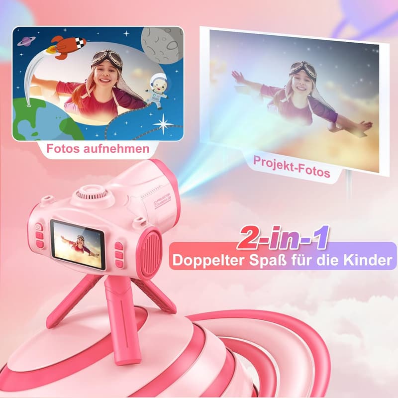 Kinderkamera mit Projektionsfunktion, 32GB, Akku, Rosa, Geschenk 3-12 Jahre