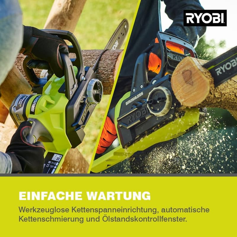 RYOBI 18 V ONE+ Akku-Kettensäge 30 cm, bürstenlos, werkzeugloses Kettenspannen