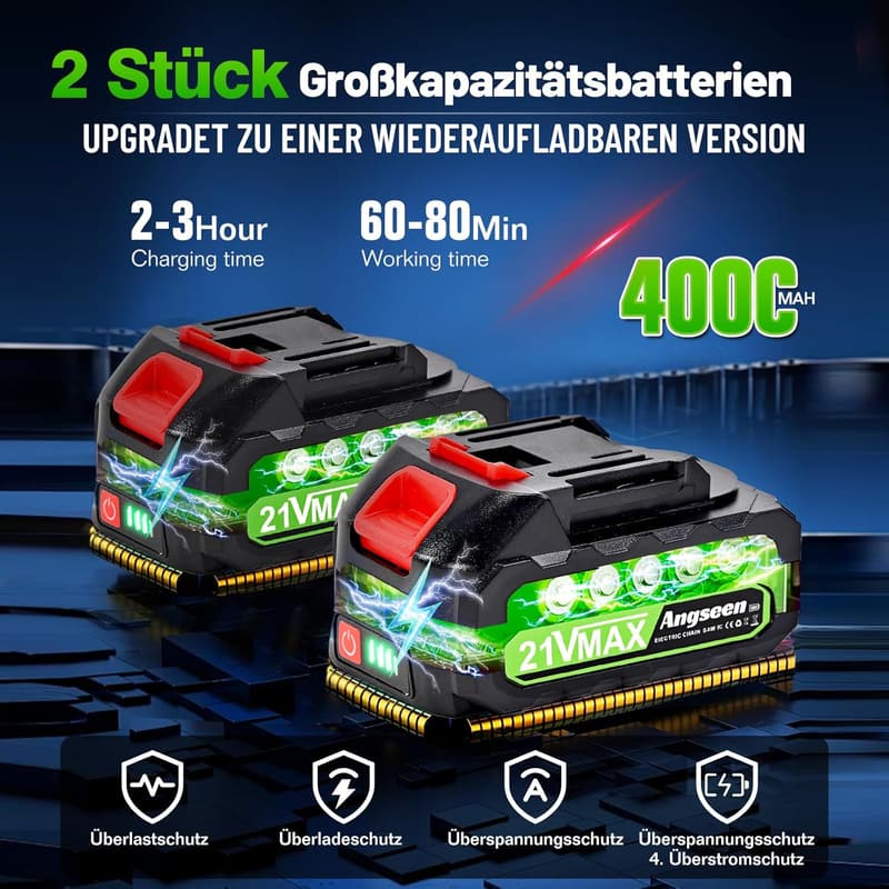 Akku Kettensäge 6 Zoll mit 2 Akkus und 850W für Gartenarbeit