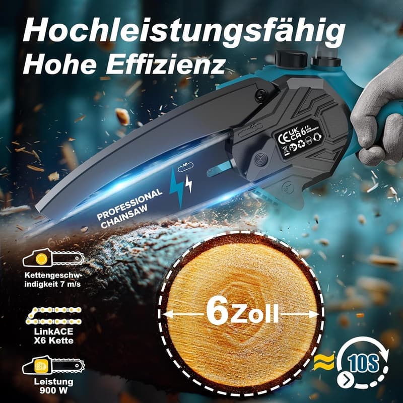 Akku Mini Kettensäge 6 Zoll mit automatischer Ölung, 8000mAh