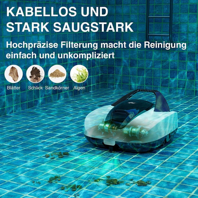 Kabelloser Poolroboter mit Akku für bis zu 100 Min. Laufzeit, bis 85 m²