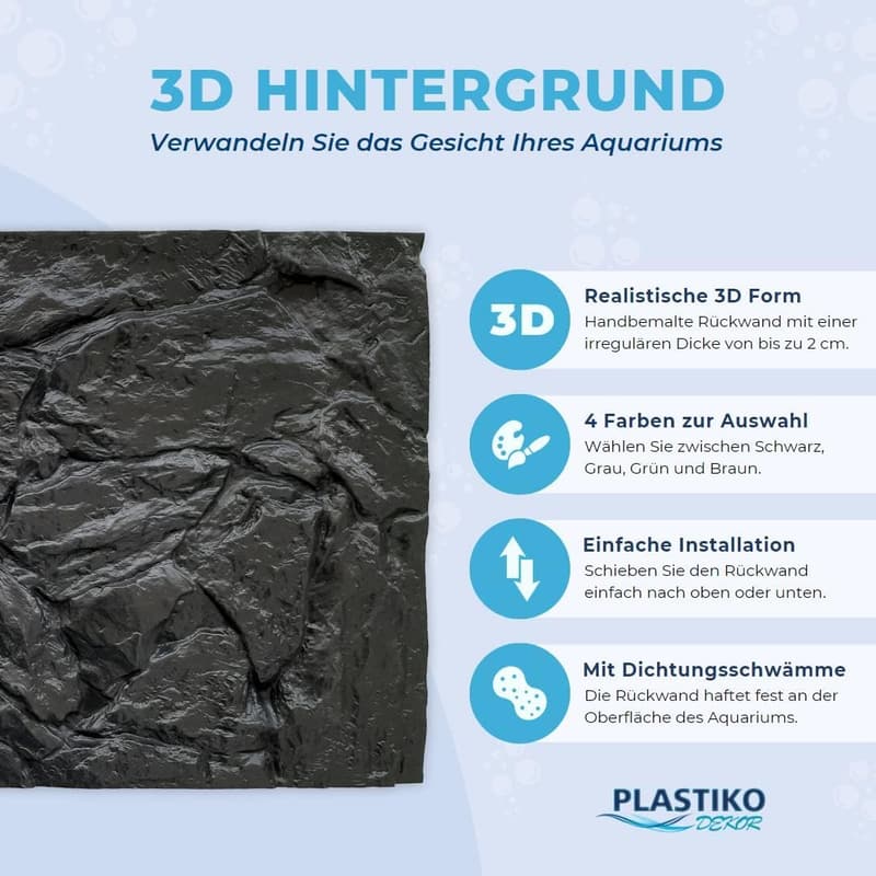 3D Aquarium Hintergrund 150x60 cm, grau mit Steinmuster, leicht montierbar