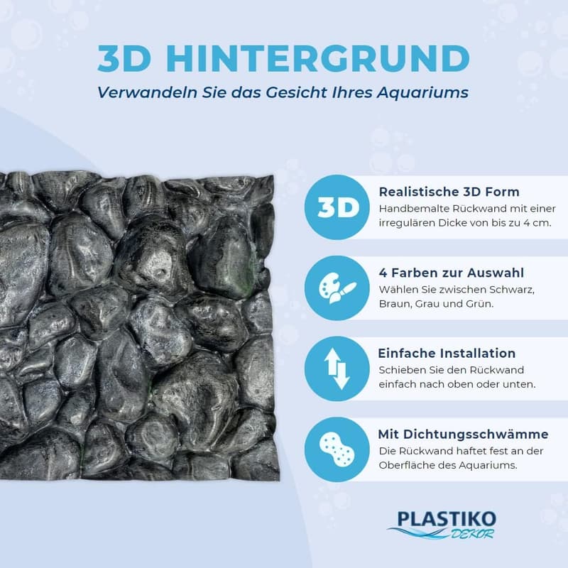 3D Aquarium Hintergrund 100x40 cm mit Flussstein-Muster, grau, leicht zu montieren