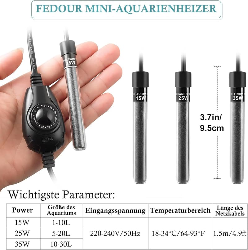 Mini Aquarium Heizung 15W/25W/35W mit externem Temperaturregler, 1-30L