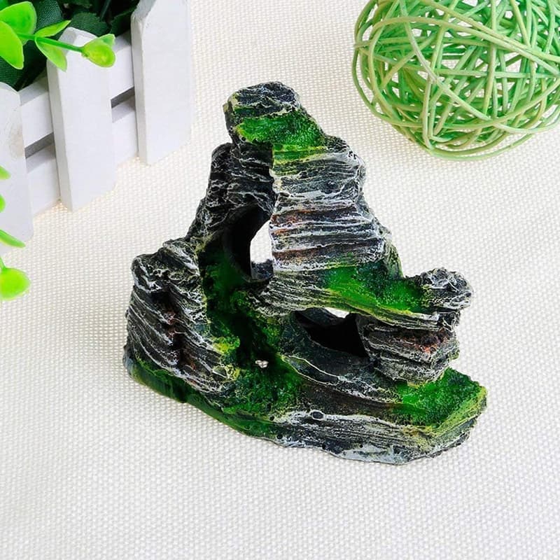 Aquarium Dekoration: 2er Set Höhlen aus Harz mit grünem Gras für Fische und Garnelen, 11 x 9 x 11 cm & 10 x 5,5 x 10 cm.