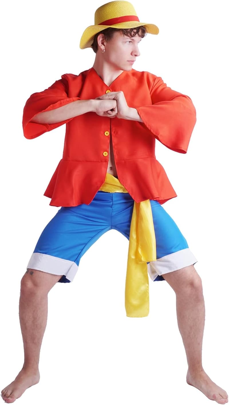 Monkey D. Ruffy Cosplay Kostüm mit Hemd, Hose und Hut – Größe XL