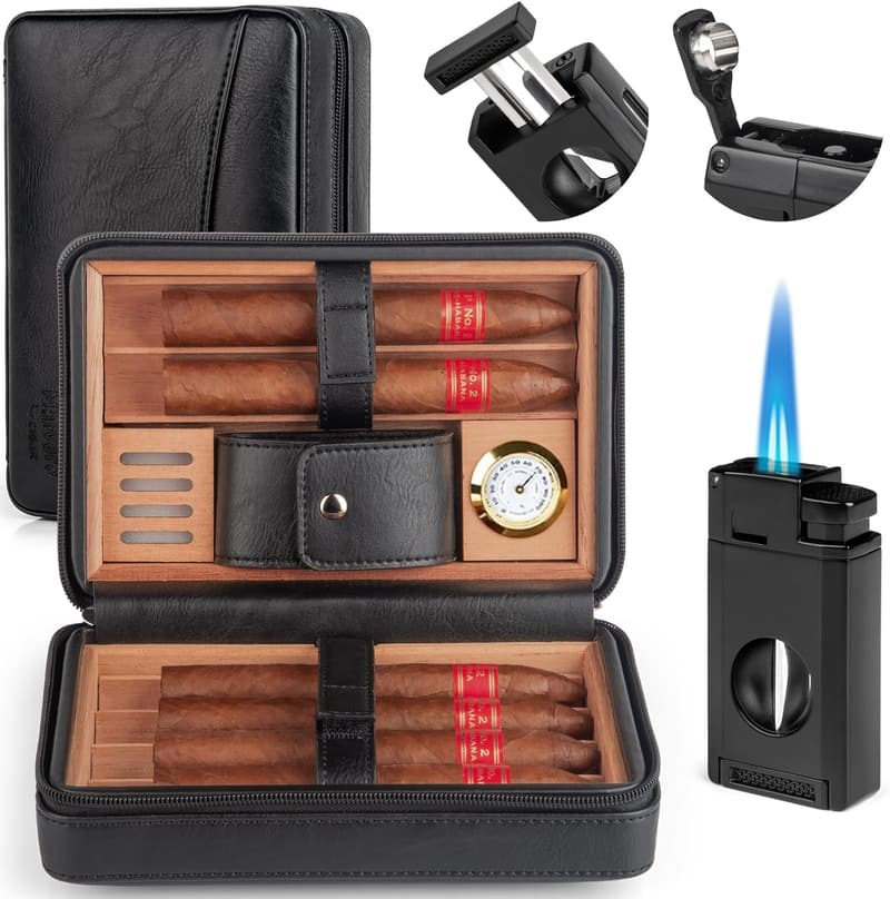 Reise Zigarrenhumidor Set für 6 Zigarren mit Hygrometer und Befeuchter