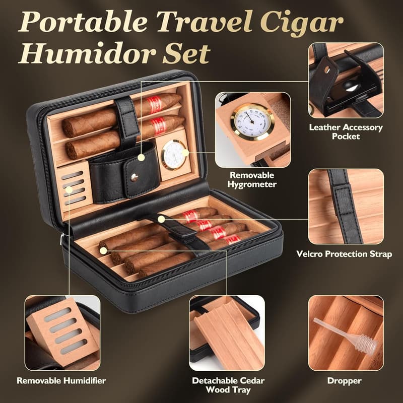 Reise Zigarrenhumidor Set für 6 Zigarren mit Hygrometer und Befeuchter