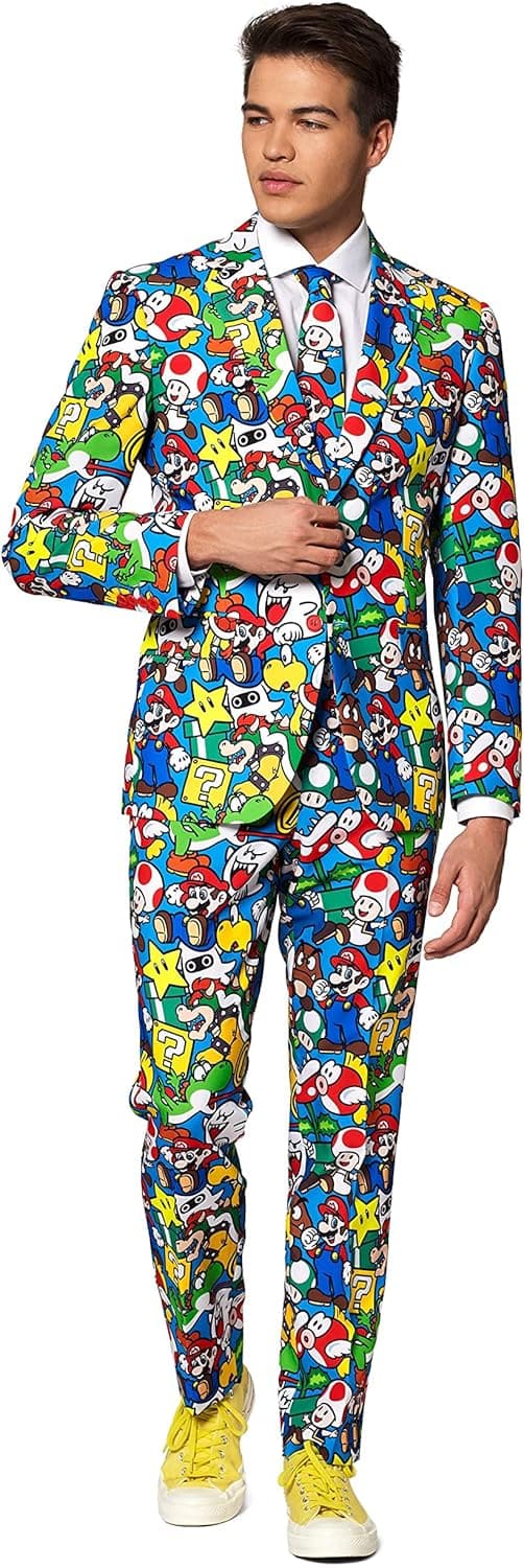 Super Mario Herrenanzug – Lustiges Design mit Jacke, Hose und Krawatte