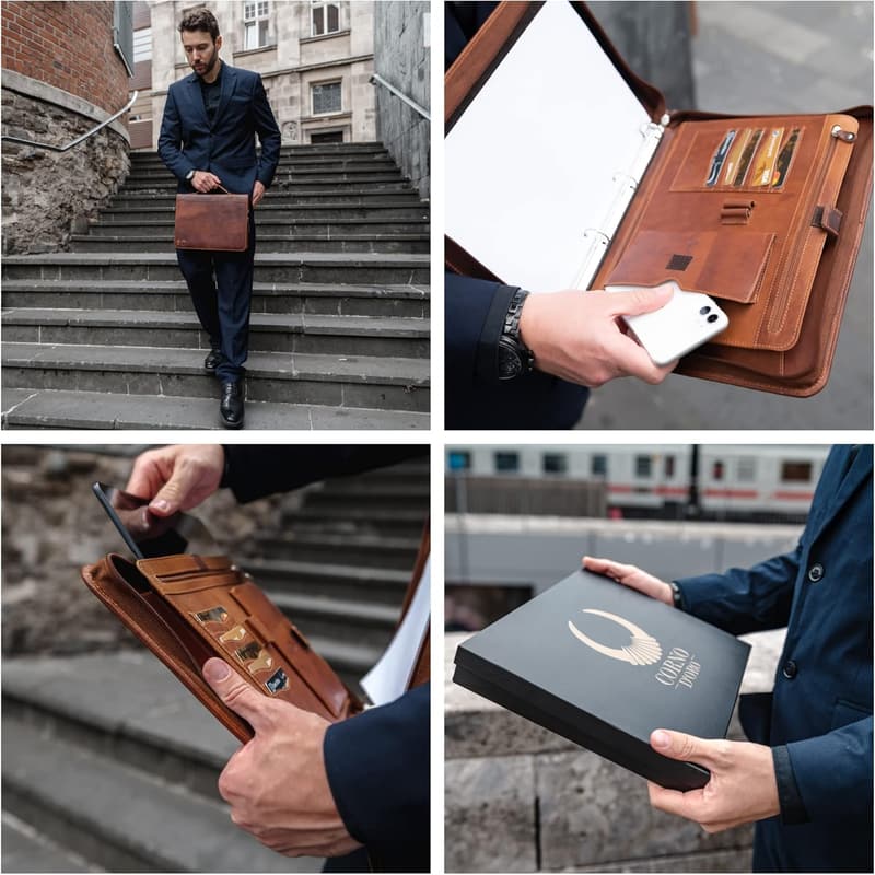 Handmade A4 Leder Dokumentenmappe mit RFID für iPad - Braun