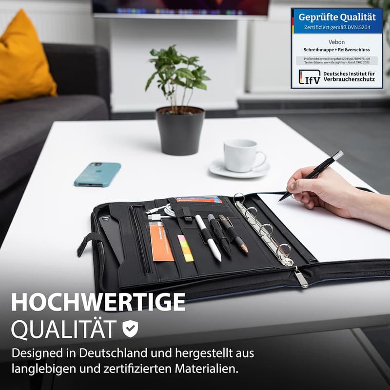 Schreibmappe A4 Berlin mit Reißverschluss und Klemmbrett aus Kunstleder