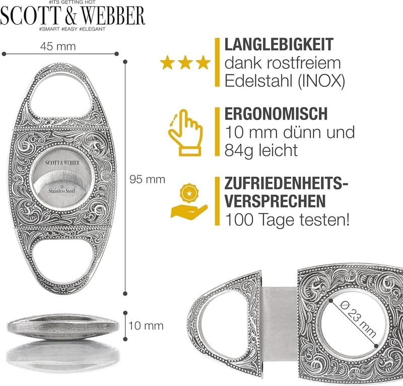 Zigarrenschneider aus Edelstahl mit Doppelklinge und Lederetui