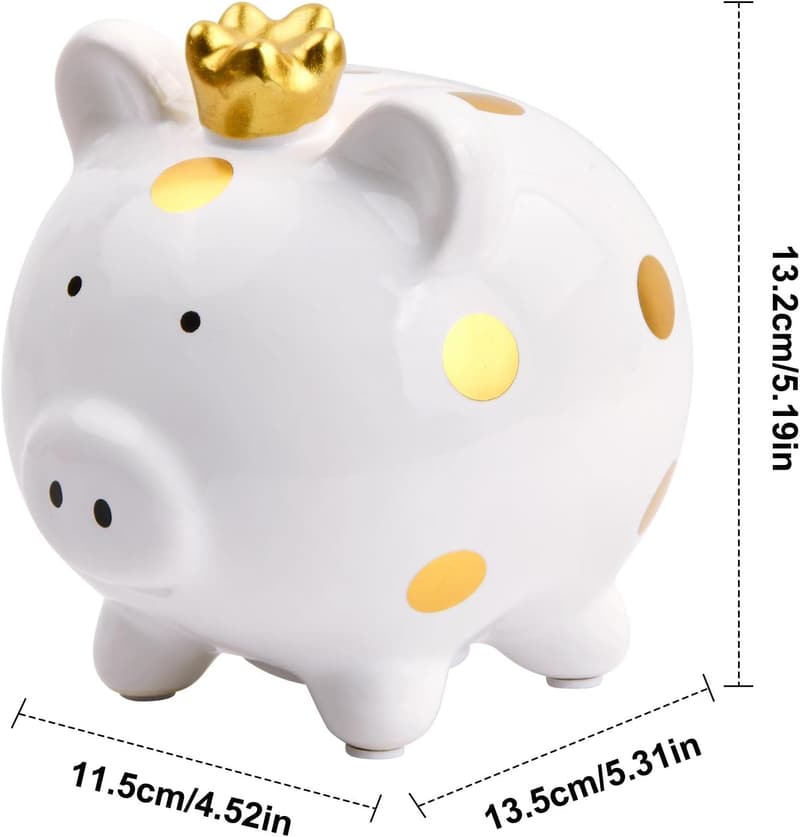 Niedliches Keramik-Sparschwein in Weiß-Gold - Spardose für Kinder und Erwachsene