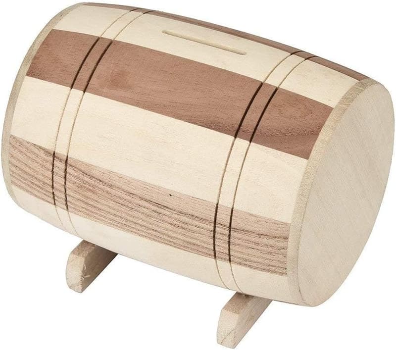 Handgefertigtes Holz-Sparschwein im Weinfass-Design
