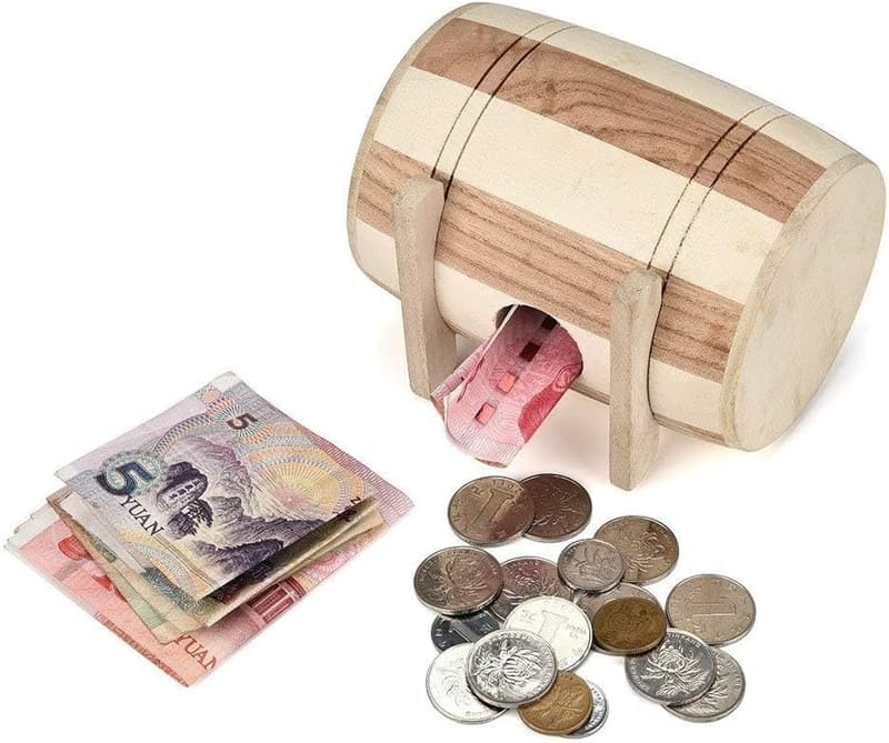 Handgefertigtes Holz-Sparschwein im Weinfass-Design