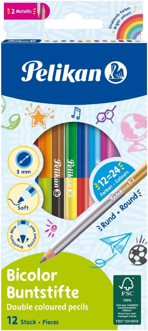Pelikan 700146 Bicolor-Buntstifte, 24 Farben, rund und farbig lackiert