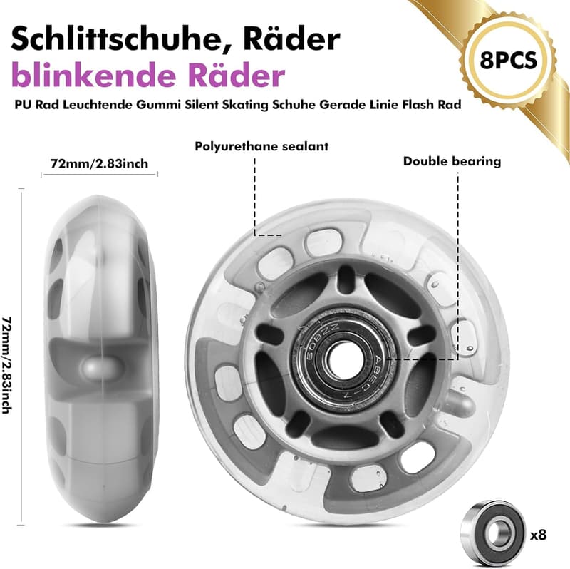LED Inline Skate Rollen 72mm – 8 Stück PU Ersatzrollen für Kinder