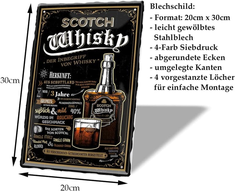 Scotch Whisky Blechschild – Vintage Deko für Whiskybar – 20x30 cm