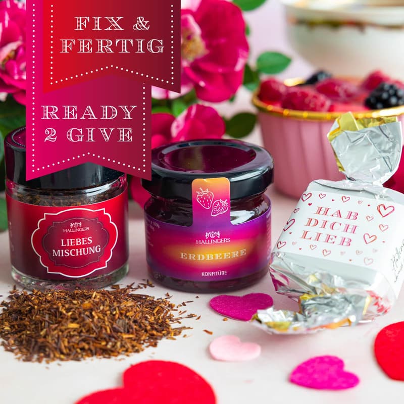 Valentinstag Wundertüte mit Nougat, Roibuschtee & Erdbeer-Konfitüre