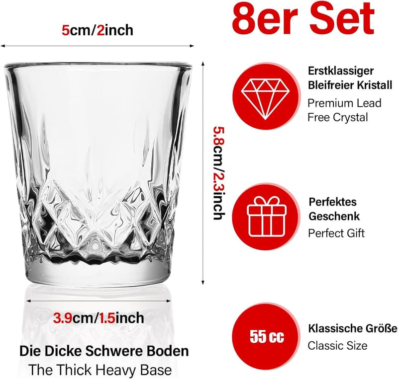 Gucass 8er Set Schnapsgläser aus bleifreiem Glas, spülmaschinenfest