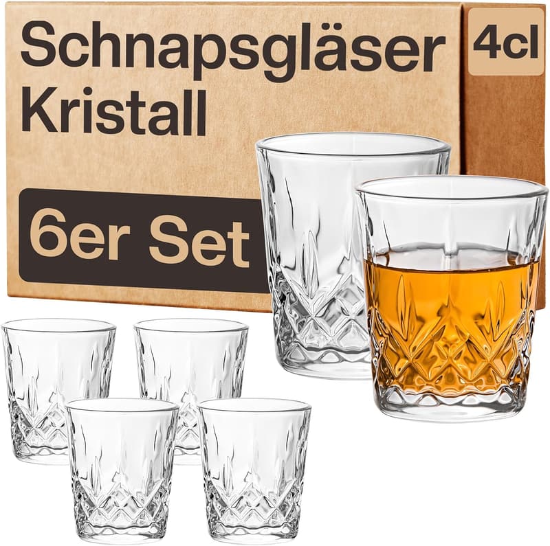 Edles Vintage Design: 6 spülmaschinenfeste Kristall-Schnapsgläser 4cl