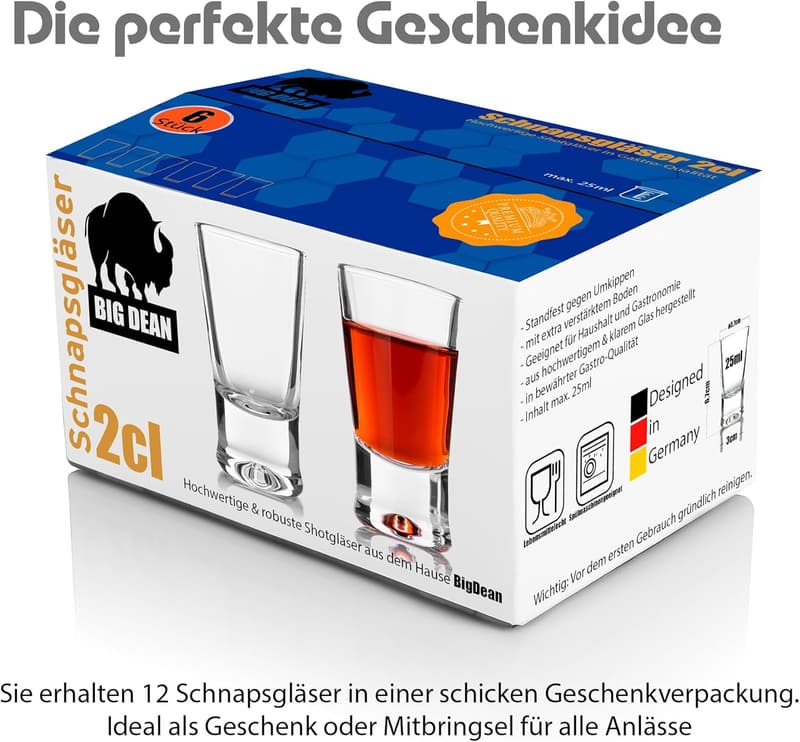 12er Set Schnapsgläser 2cl in Geschenkbox – spülmaschinenfest und hochwertig