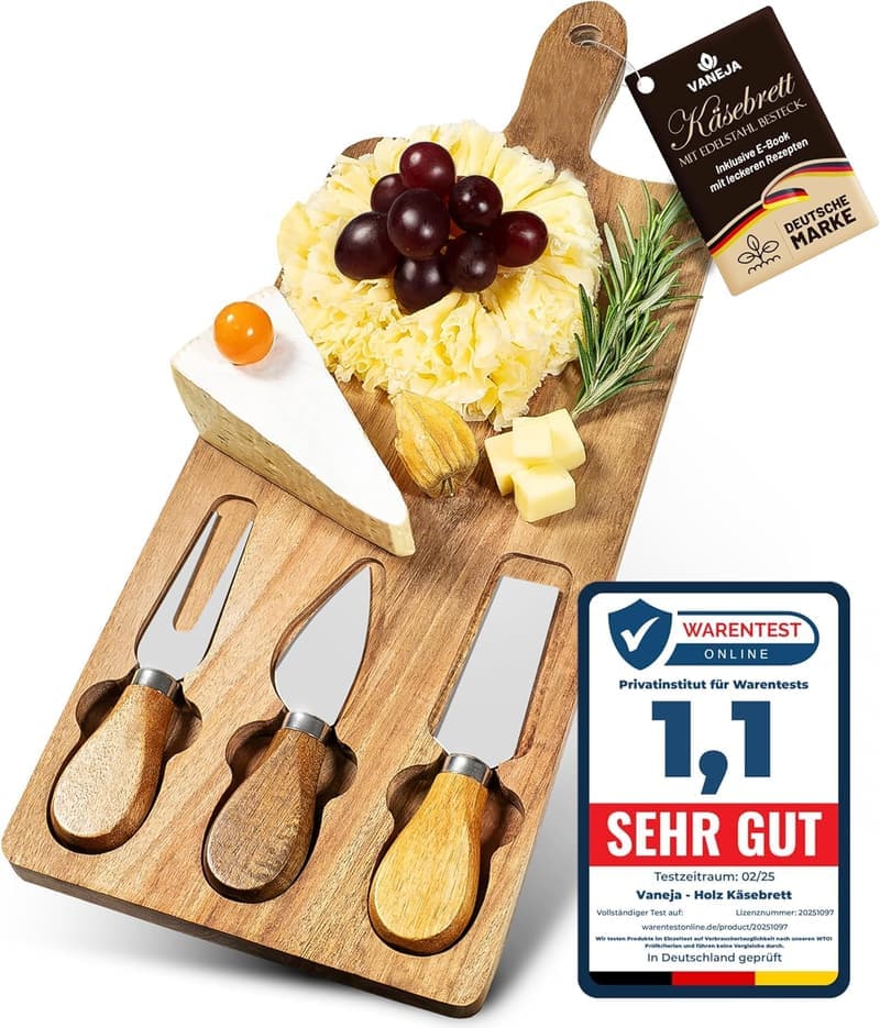 Premium Käsebrett aus Holz 42 x 15,5 cm mit Messer und E-Book