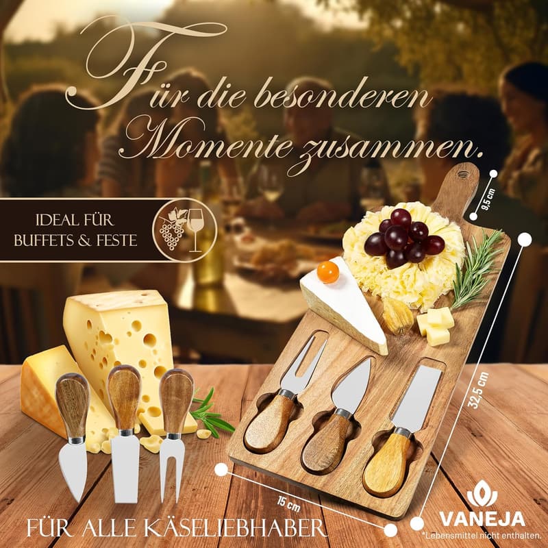 Premium Käsebrett aus Holz 42 x 15,5 cm mit Messer und E-Book