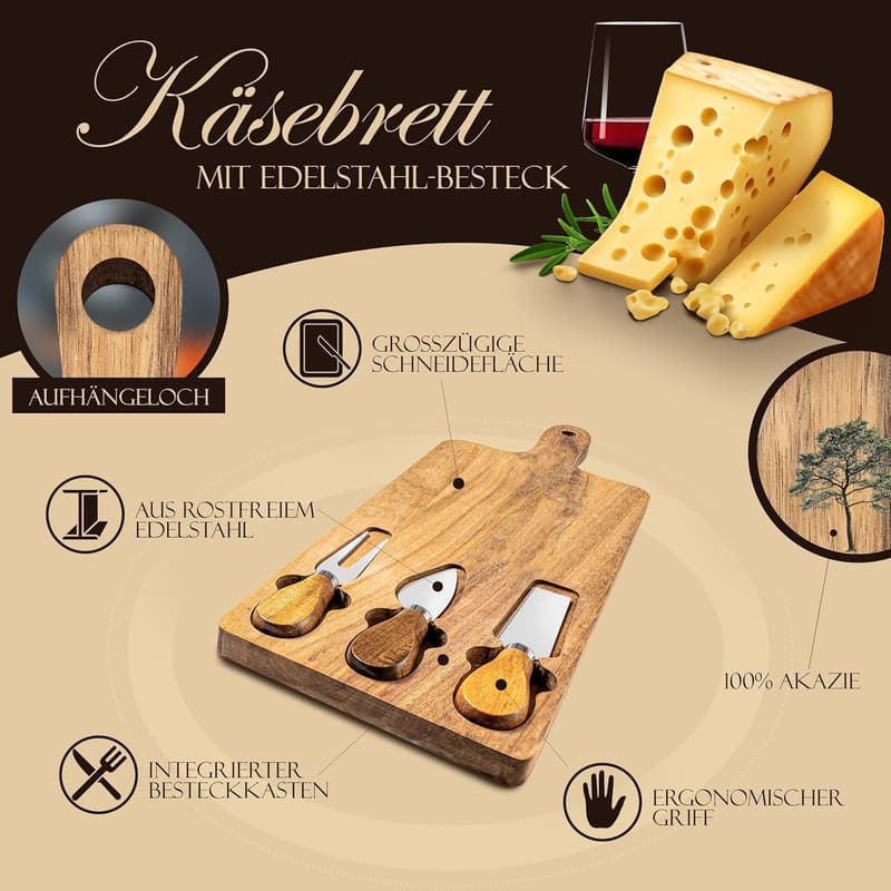 Premium Käsebrett aus Holz 42 x 15,5 cm mit Messer und E-Book