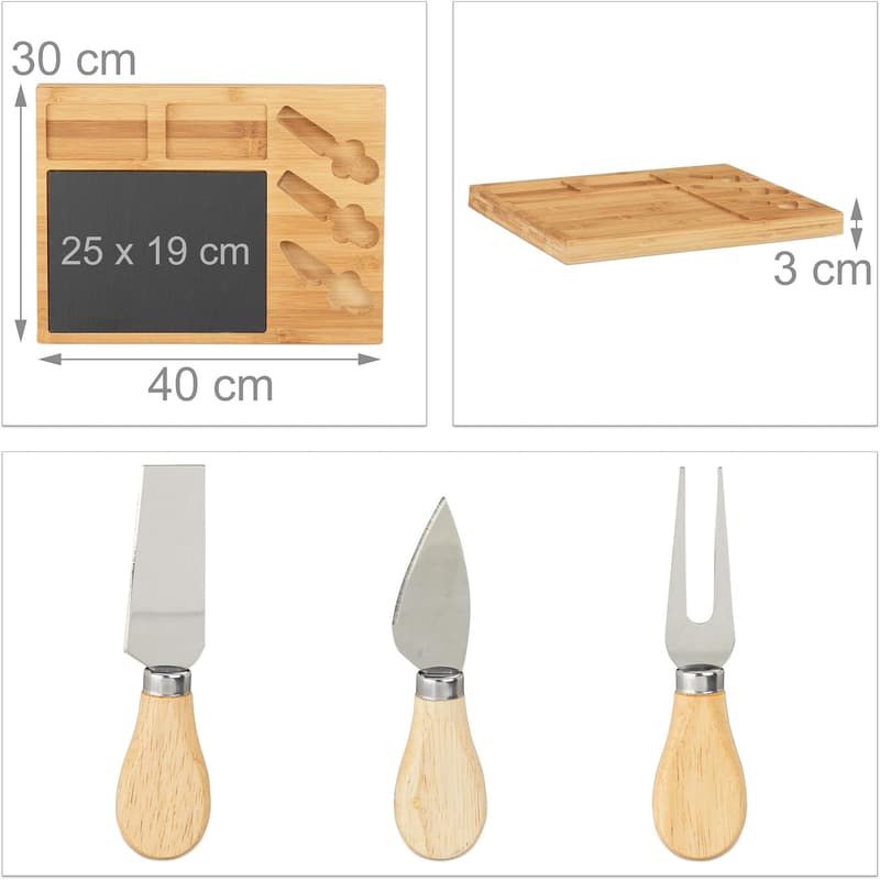 Käsebrett-Set aus Bambus mit 3 Käsemessern und Schieferplatte