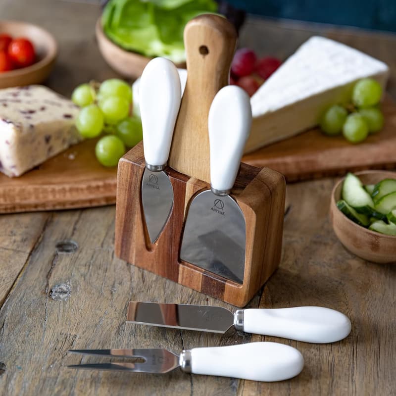 Käsemesser-Set aus Edelstahl mit Holzblock in Geschenkbox