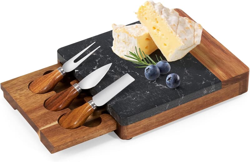 Elegantes Käsebrett aus Akazienholz mit Marmoroberfläche und Messer-Set