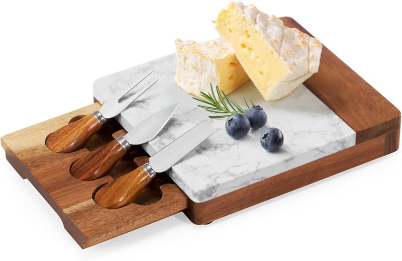 Elegantes Akazienholz Käsebrett mit Marmor-Oberfläche und Käsemesser-Set