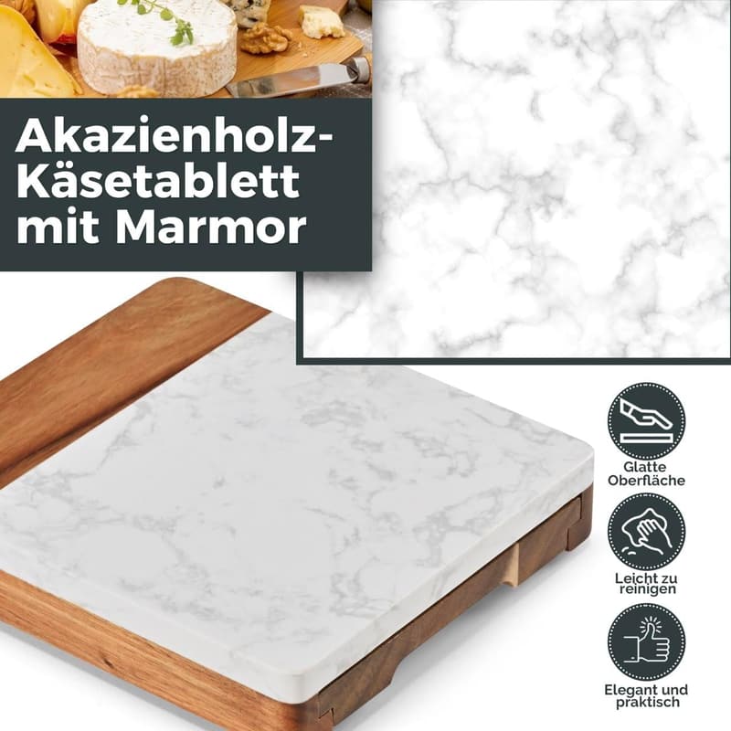Elegantes Akazienholz Käsebrett mit Marmor-Oberfläche und Käsemesser-Set