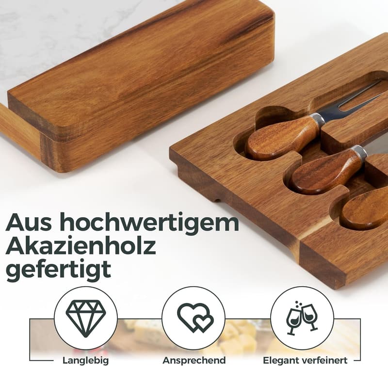Elegantes Akazienholz Käsebrett mit Marmor-Oberfläche und Käsemesser-Set