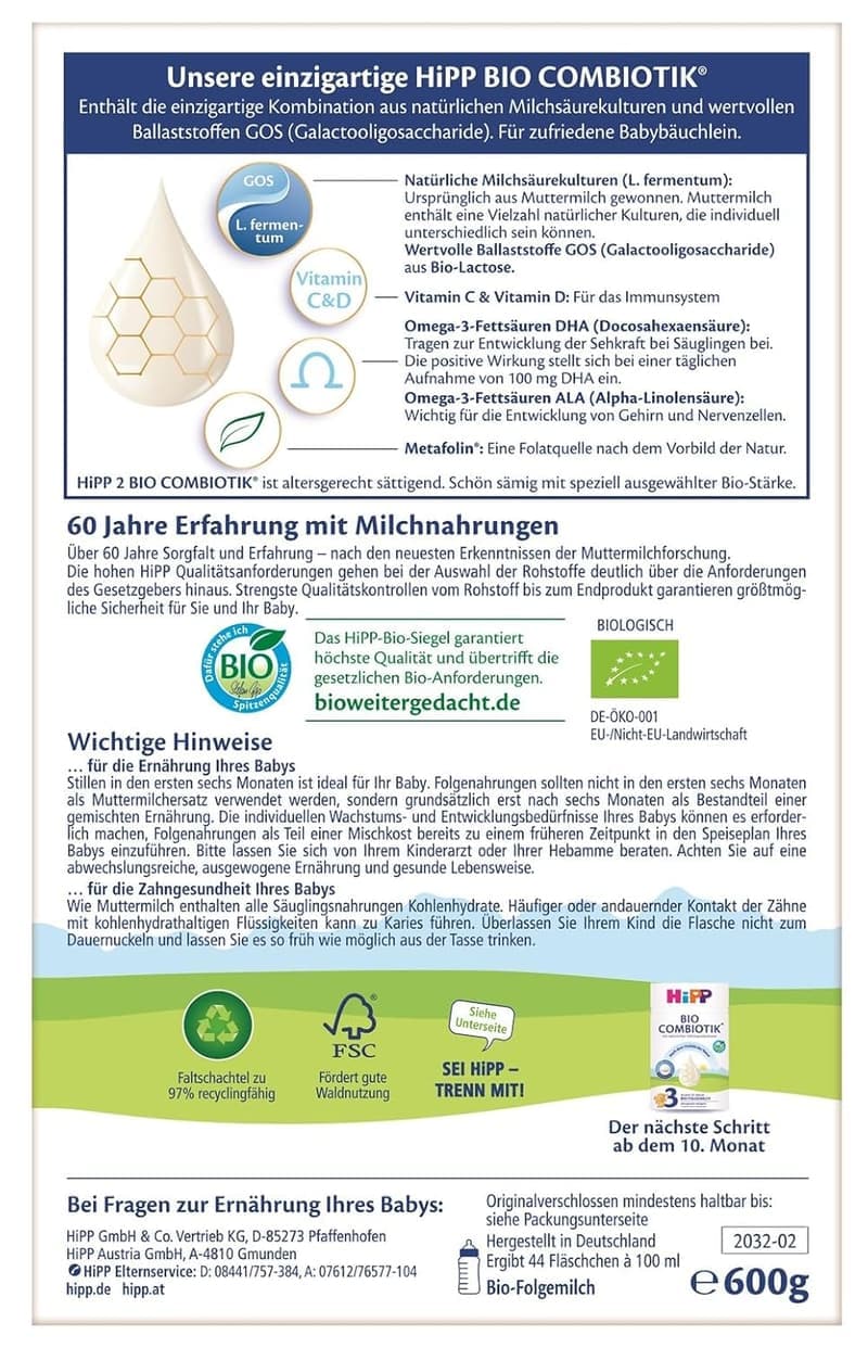 HiPP 2 Bio Combiotik Folgemilch 600g, ab 6 Monaten, mit DHA und GOS