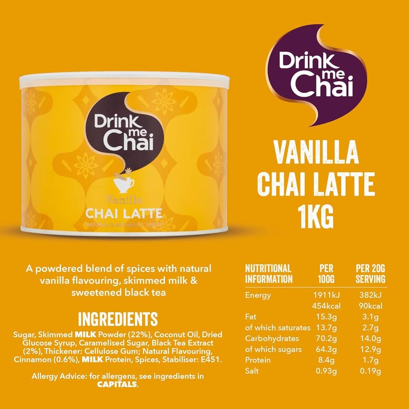 Vanilla Chai Latte Pulver 1kg - Einfach Wasser hinzufügen, 50 Portionen