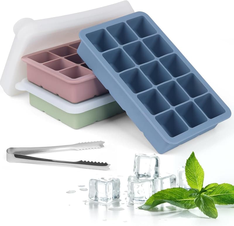 Eiswürfelform aus Silikon mit Deckel, 3er Set quadratische 3,5 cm Würfel