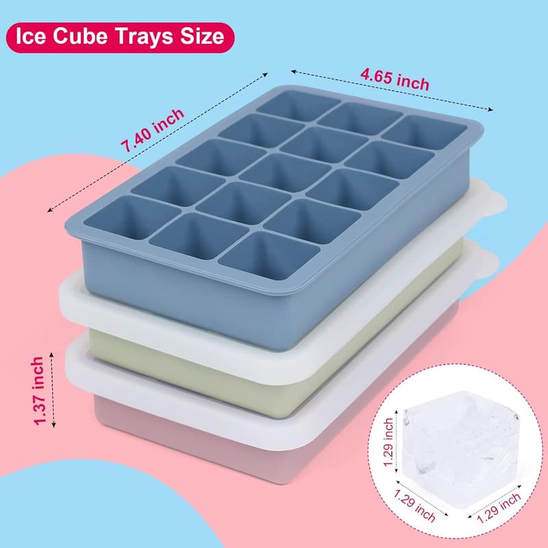 Eiswürfelform aus Silikon mit Deckel, 3er Set quadratische 3,5 cm Würfel