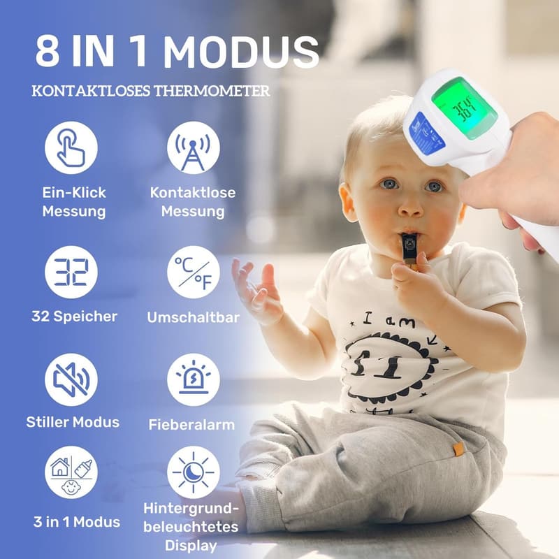 Kontaktloses Infrarot Fieberthermometer mit Fieberalarm 3 in 1